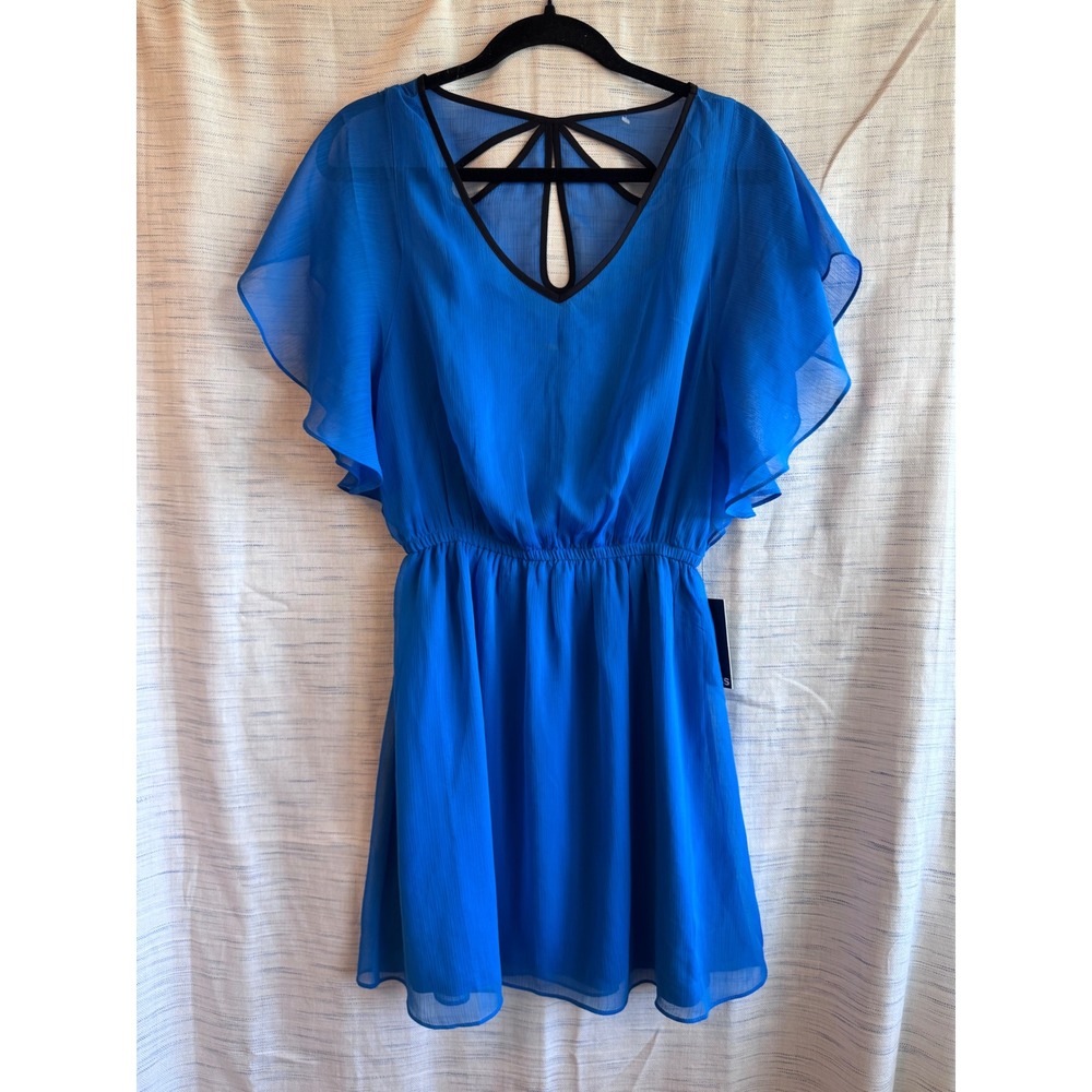 Express Royal Blue Strappy Back Chiffon Mini Dress V-Neck Flutter Sleeve S NEW